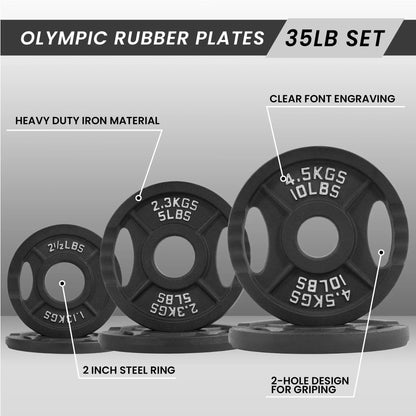 Durable Cast Iron Weight Training Plates, 2" 35 lb Set